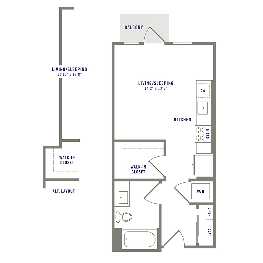 Rendering of the S1 floor plan with a Studio bedroom and 1 bathroom[s] at Griffis Shoreline
