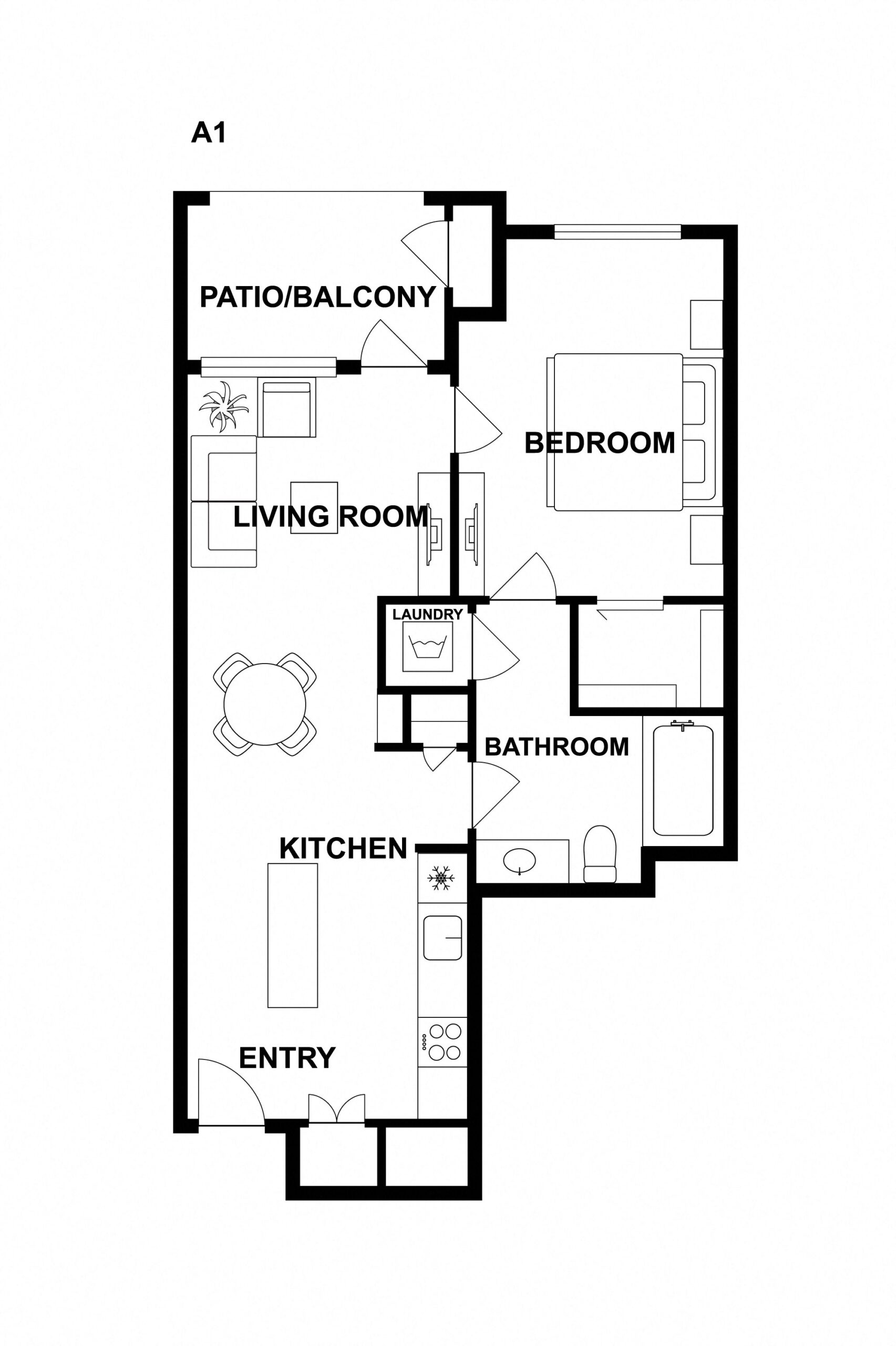 Rendering of the A1 floor plan with 1 bedroom[s] and 1 bathroom[s] at Griffis Platinum Triangle