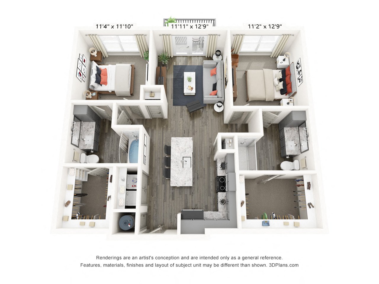 Rendering of the B1 floor plan with 2 bedroom[s] and 2 bathroom[s] at Griffis Frisco