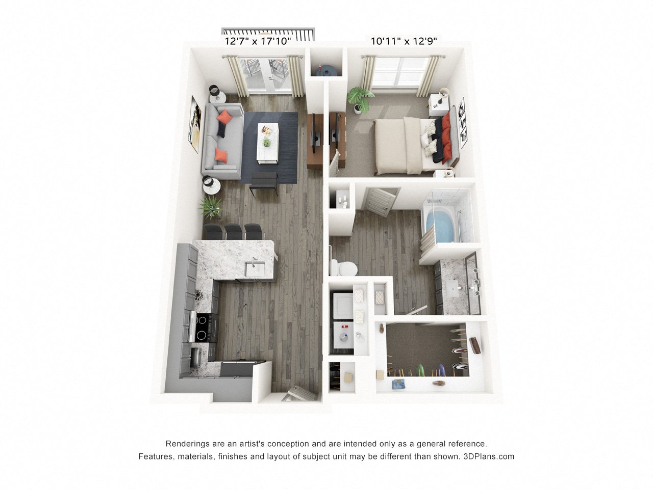 Rendering of the A2 HC floor plan with 1 bedroom[s] and 1 bathroom[s] at Griffis Frisco