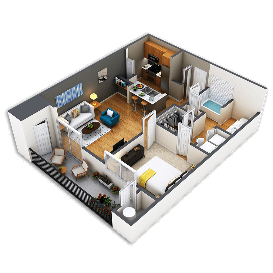 Rendering of the Champa floor plan with 1 bedroom[s] and 1 bathroom[s] at Griffis Fitzsimons South