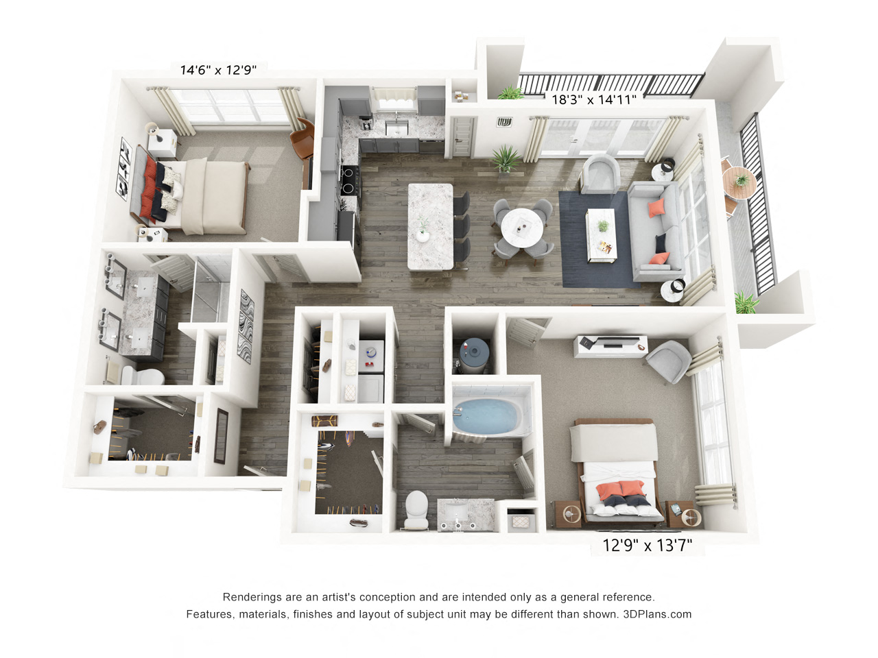 Rendering of the B4 floor plan with 2 bedroom[s] and 2 bathroom[s] at Griffis Frisco