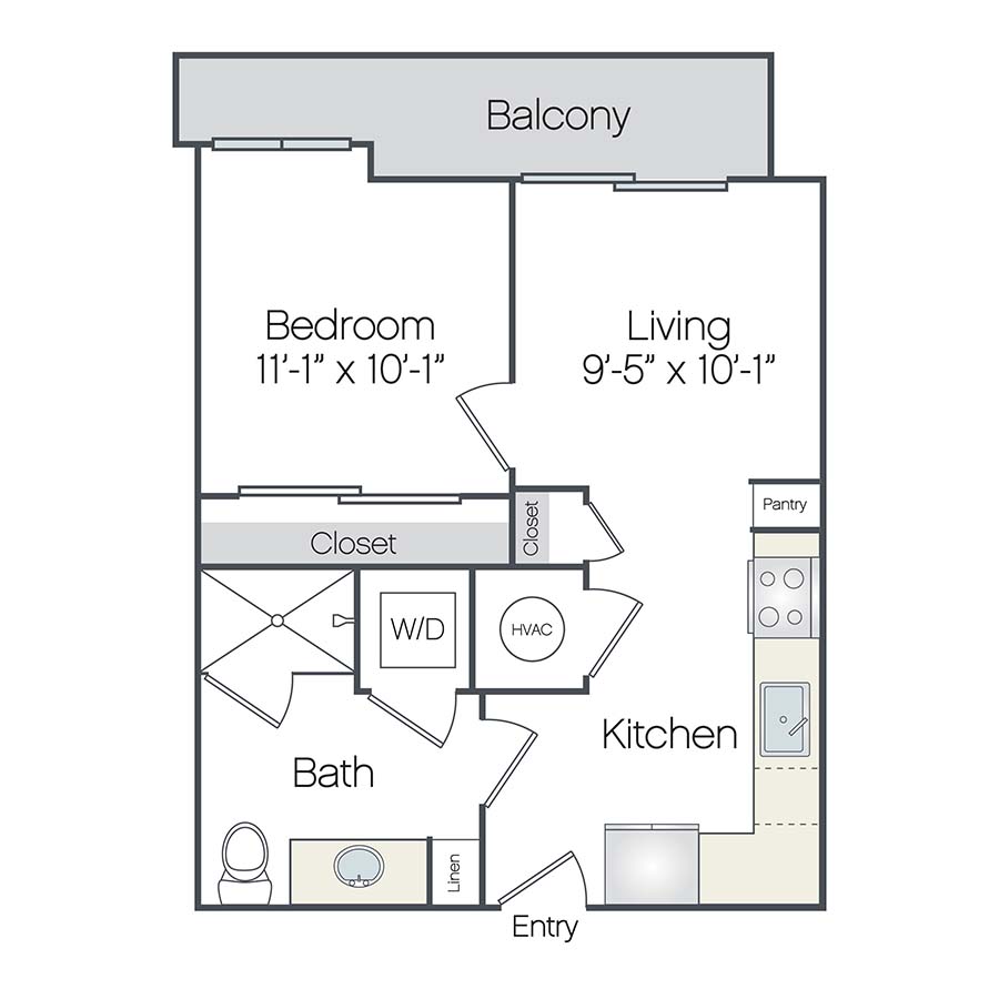 Rendering of the Deerfield floor plan with a Studio bedroom and 1 bathroom[s] at Griffis West Palm