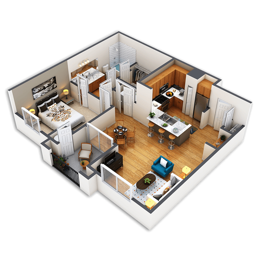 Rendering of the Market Custom floor plan with 1 bedroom[s] and 1 bathroom[s] at Griffis Fitzsimons South