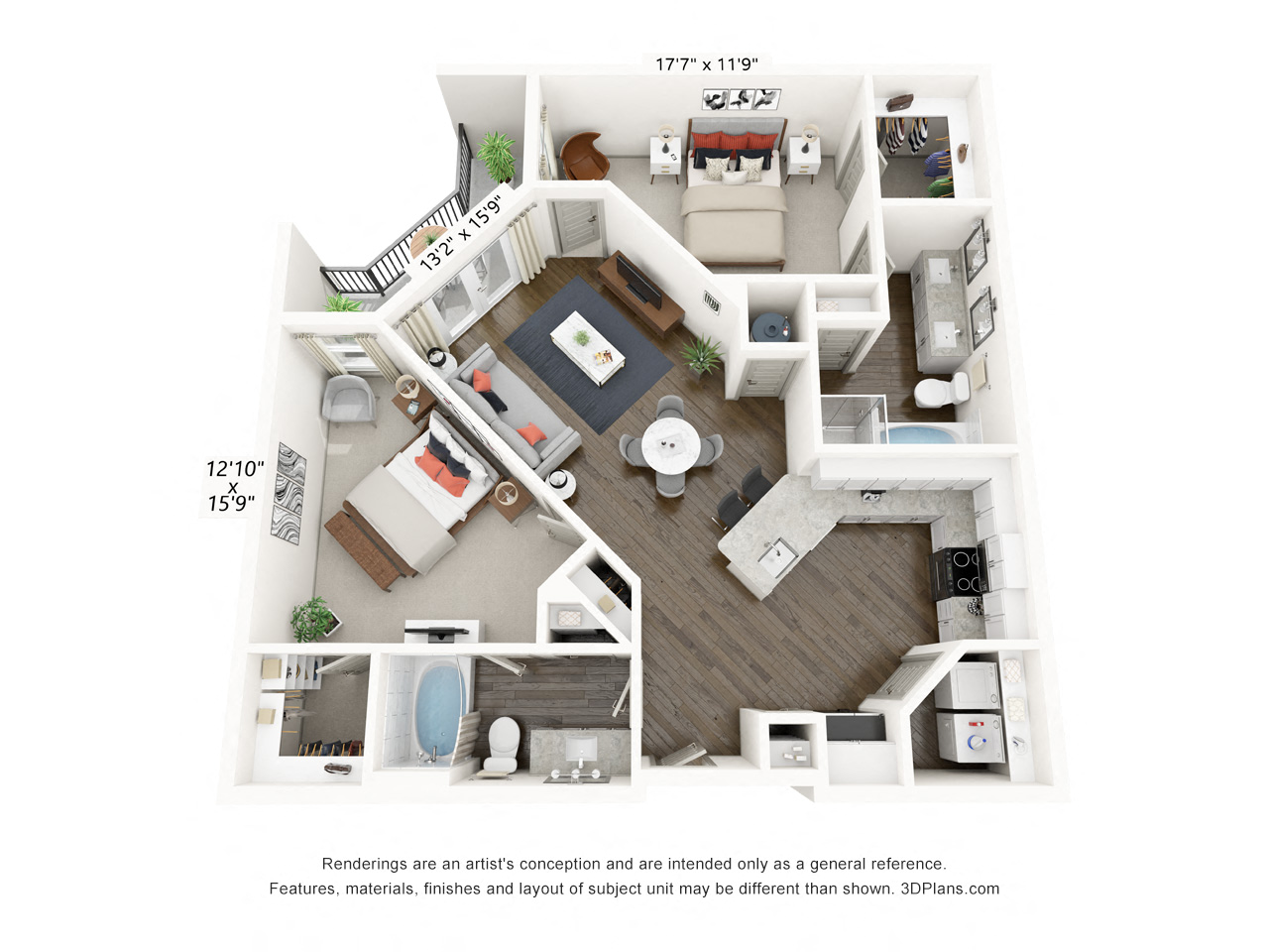 Rendering of the Preston floor plan with 2 bedroom[s] and 2 bathroom[s] at Griffis Frisco