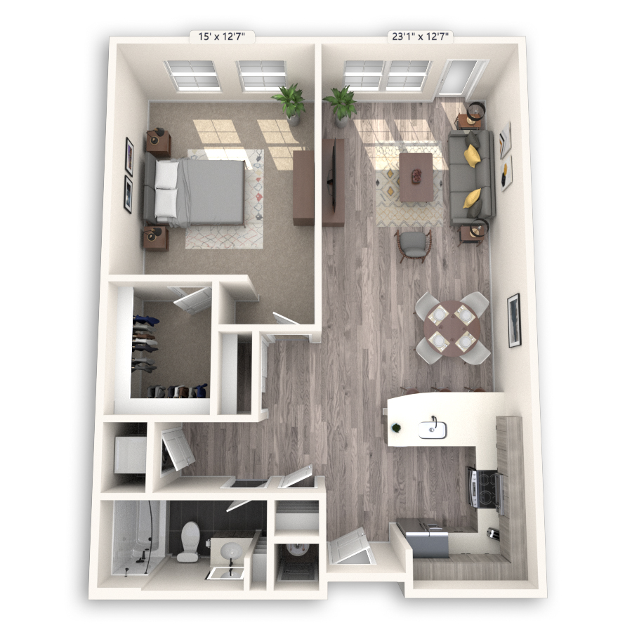 Rendering of the Congress floor plan with 1 bedroom[s] and 1 bathroom[s] at Griffis Cheesman Park