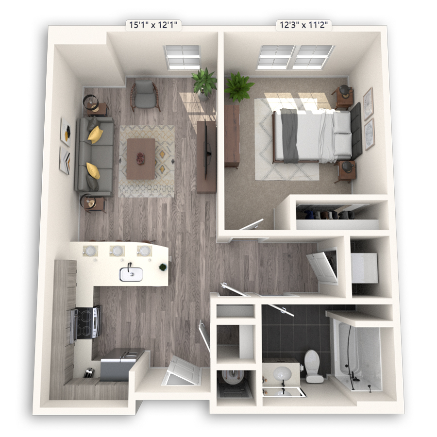 Rendering of the Lakehurst floor plan with 1 bedroom[s] and 1 bathroom[s] at Griffis Cheesman Park
