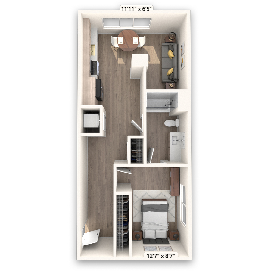 Rendering of the Bierstadt floor plan with 1 bedroom[s] and 1 bathroom[s] at Griffis LoDo