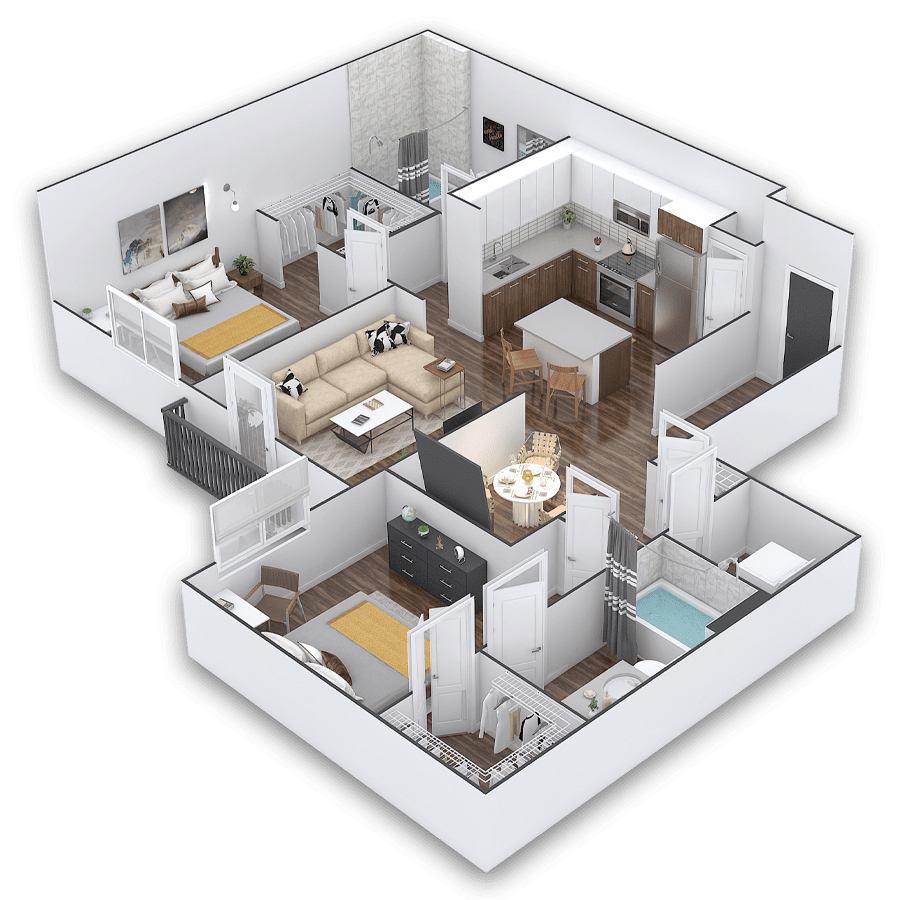 Rendering of the Sherwen floor plan with 2 bedroom[s] and 2 bathroom[s] at Griffis Cherry Creek