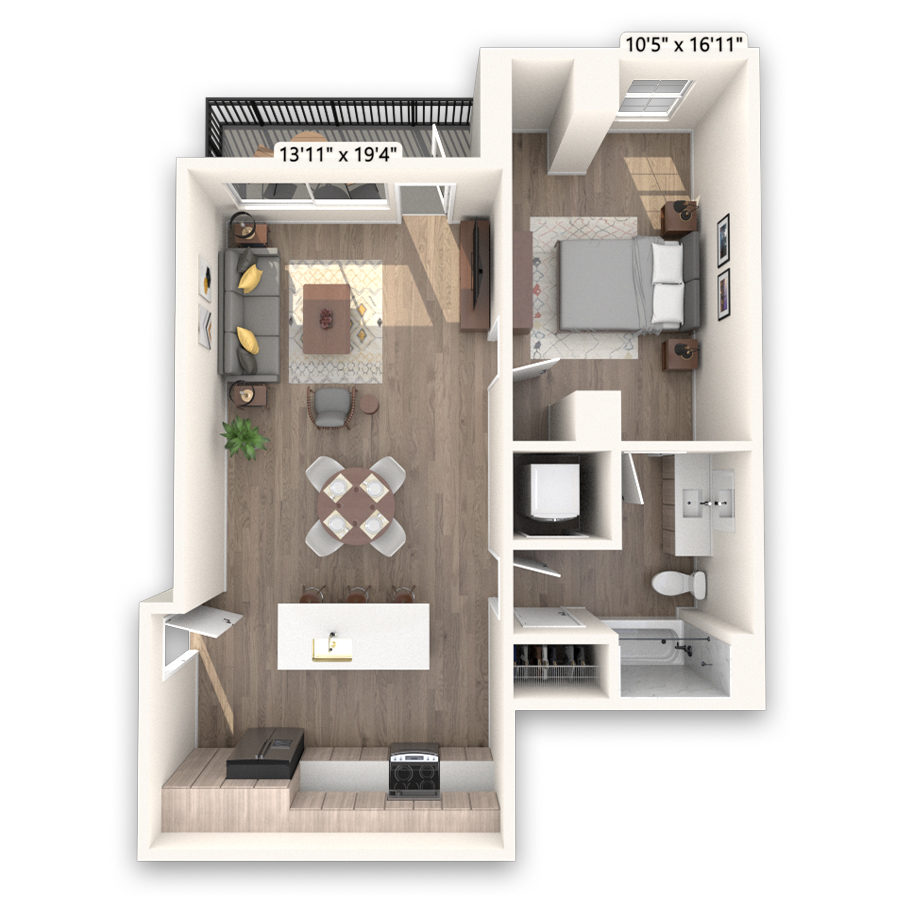 Rendering of the Evans floor plan with 1 bedroom[s] and 1 bathroom[s] at Griffis LoDo