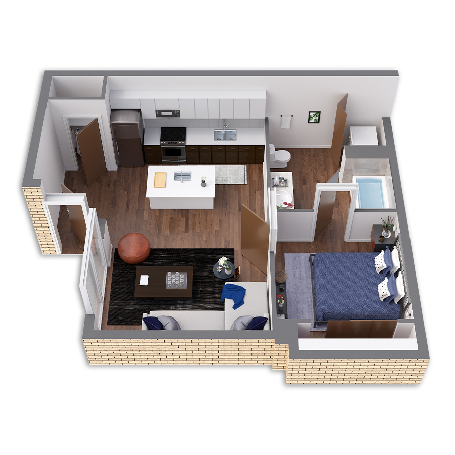 Rendering of the Wilson Platinum floor plan with a Studio bedroom and 1 bathroom[s] at Griffis South Waterfront