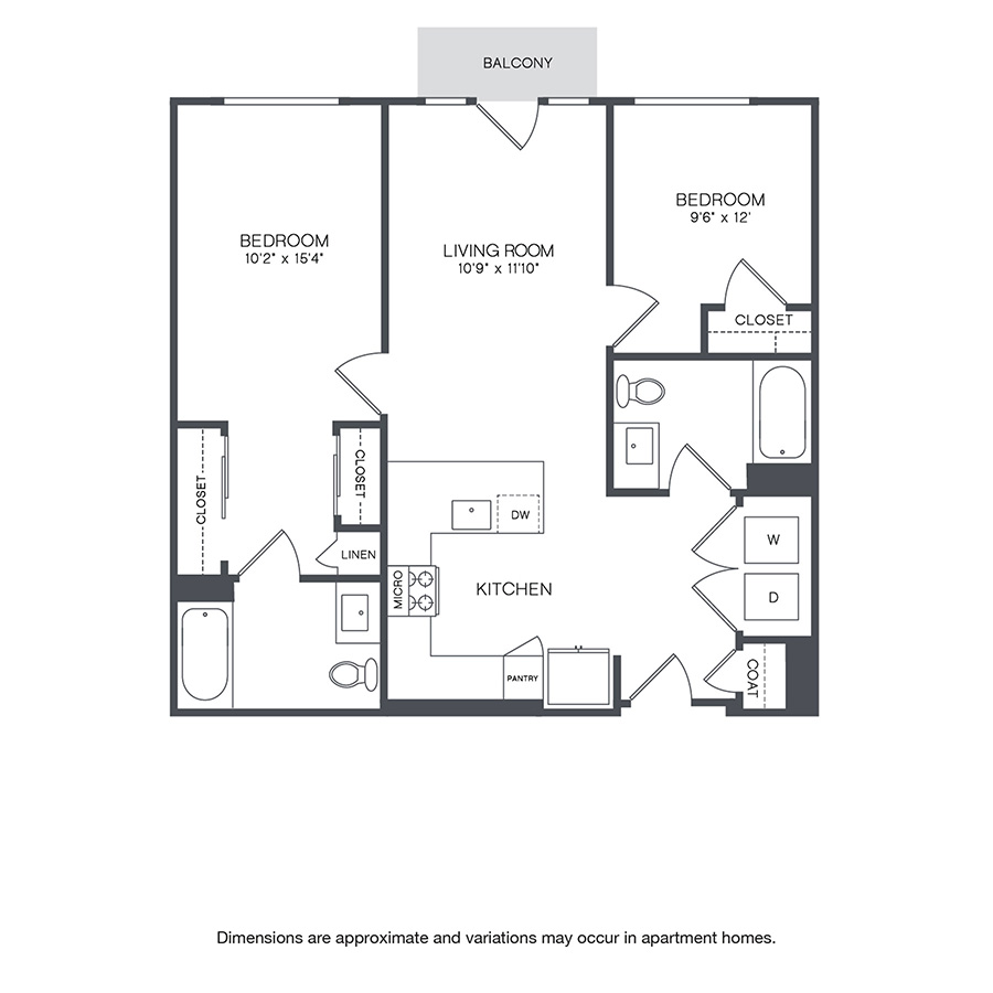 Rendering of the Parkwood floor plan with 2 bedroom[s] and 2 bathroom[s] at Griffis Shoreline