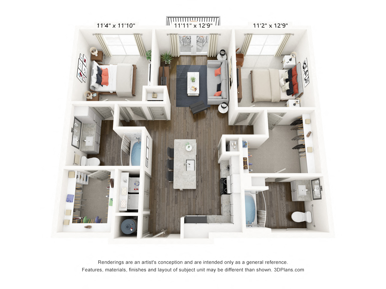 Rendering of the B1 HC floor plan with 2 bedroom[s] and 2 bathroom[s] at Griffis Frisco
