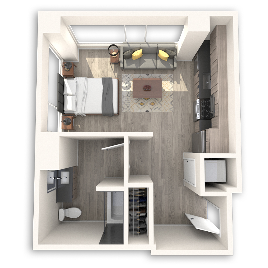 Rendering of the Ballard floor plan with a Studio bedroom and 1 bathroom[s] at Griffis Seattle Waterfront
