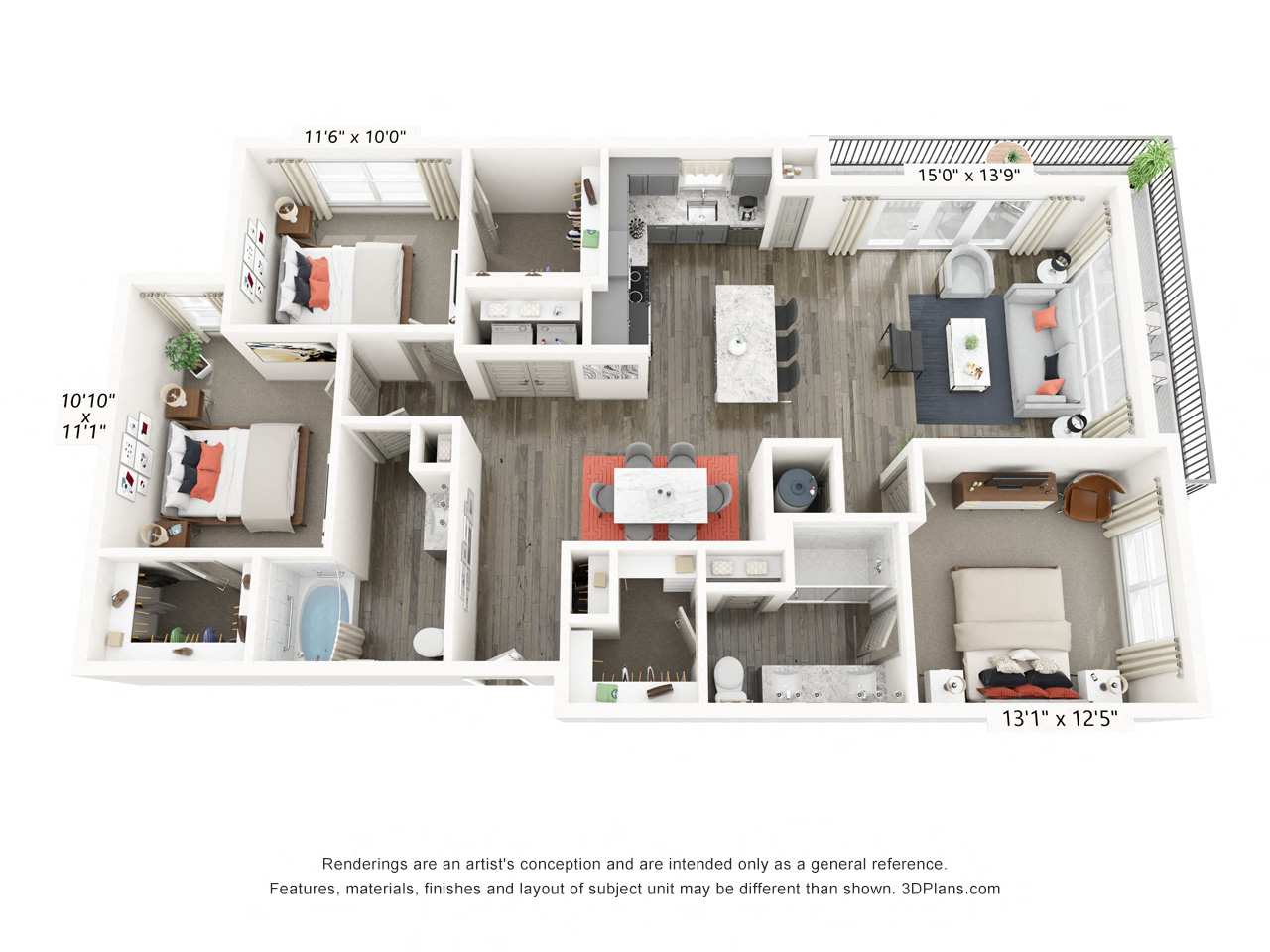 Rendering of the C1 HC floor plan with 3 bedroom[s] and 2 bathroom[s] at Griffis Frisco