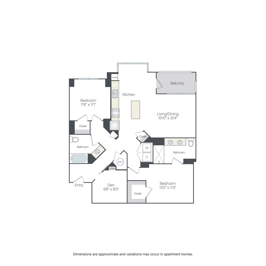 Rendering of the Nottingham floor plan with 2 bedroom[s] and 2 bathroom[s] at Griffis Edgemoor
