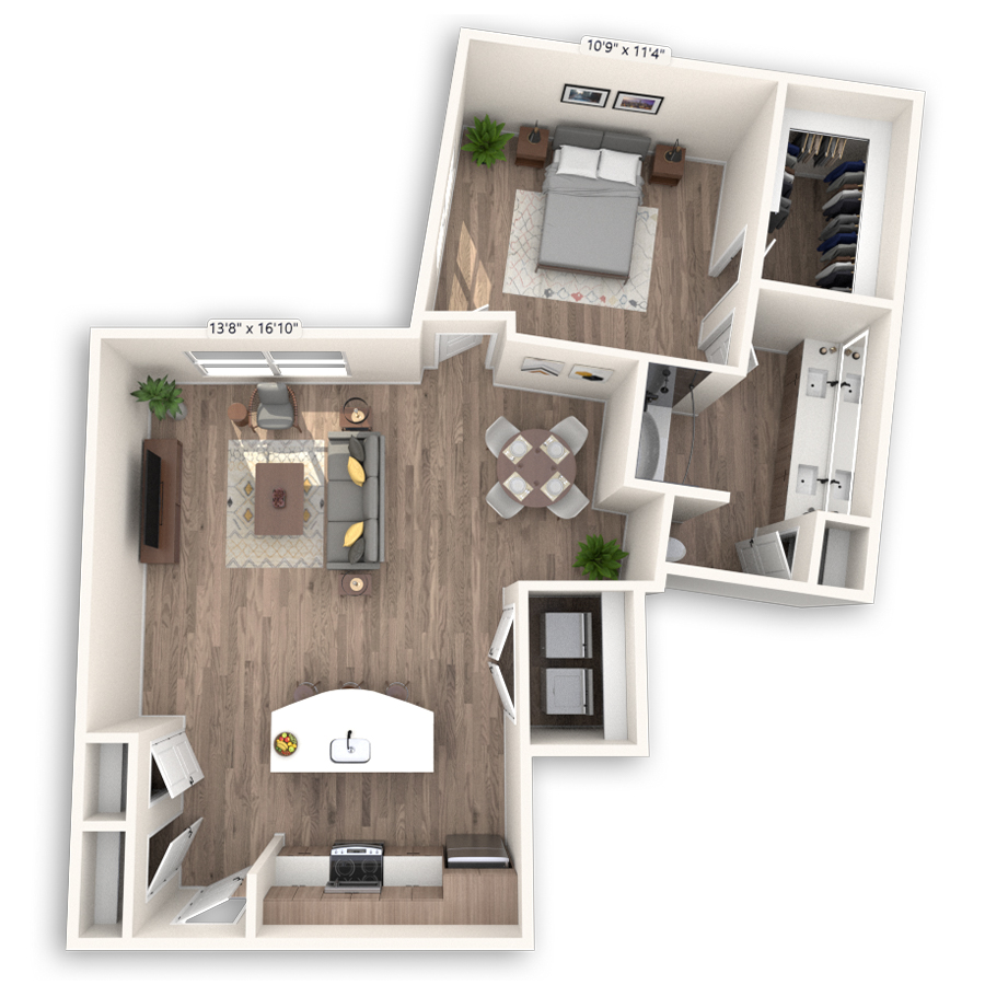 Rendering of the Tokyo floor plan with 1 bedroom[s] and 1 bathroom[s] at Griffis at The Domain