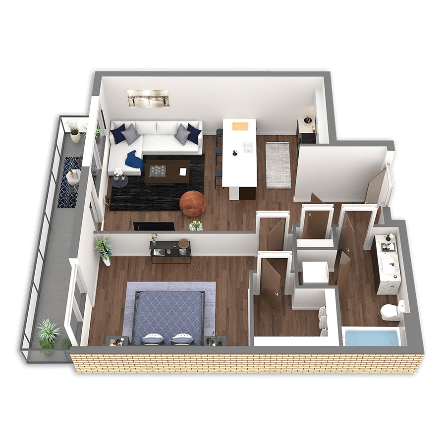 Rendering of the Fern floor plan with 1 bedroom[s] and 1 bathroom[s] at Griffis South Waterfront