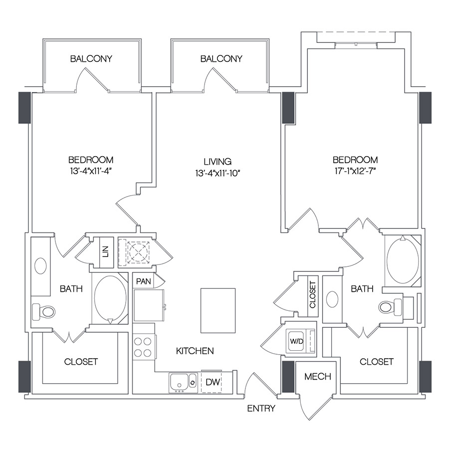 Rendering of the North Shore floor plan with 2 bedroom[s] and 2 bathroom[s] at Griffis Uptown