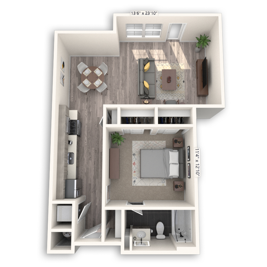 Rendering of the Central Platinum floor plan with 1 bedroom[s] and 1 bathroom[s] at Griffis Cheesman Park