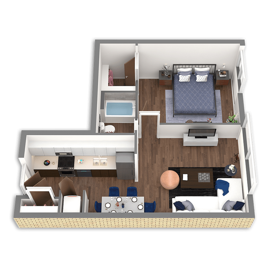 Rendering of the Chetco floor plan with 1 bedroom[s] and 1 bathroom[s] at Griffis South Waterfront