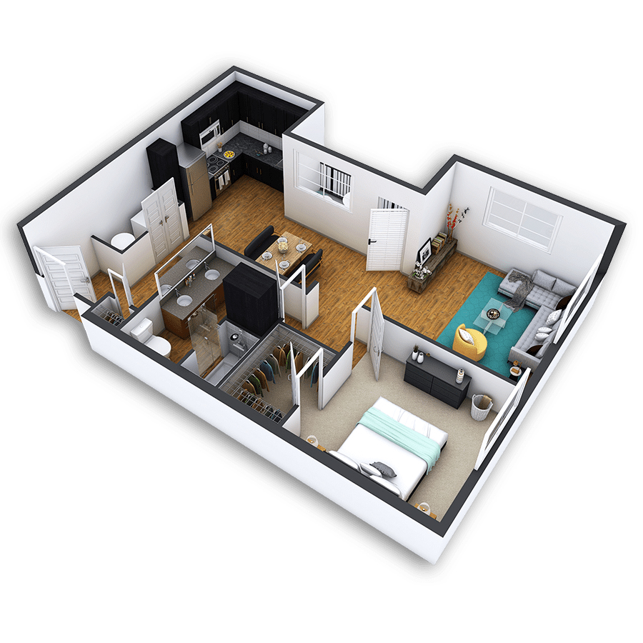 Rendering of the Highland Platinum floor plan with 1 bedroom[s] and 1 bathroom[s] at Griffis North Union