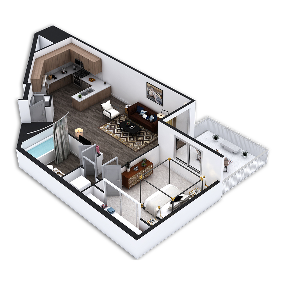 Rendering of the Davenport floor plan with 1 bedroom[s] and 1 bathroom[s] at Griffis Pine Avenue