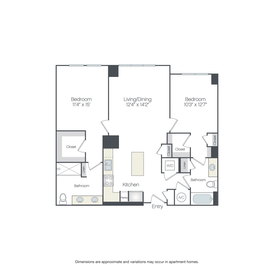 Rendering of the Manning floor plan with 2 bedroom[s] and 2 bathroom[s] at Griffis Edgemoor