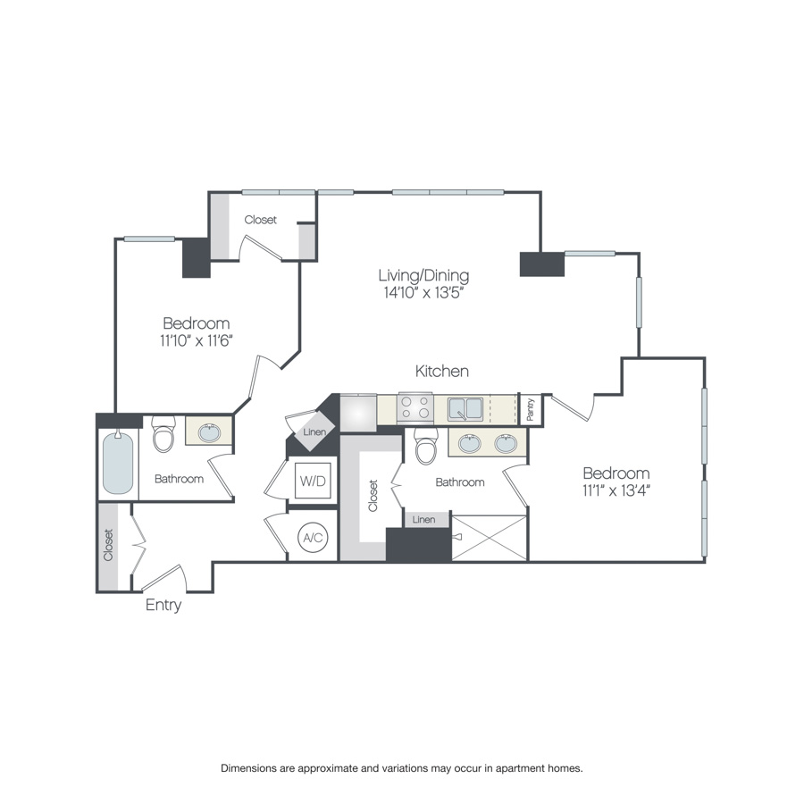 Rendering of the Goldsboro floor plan with 2 bedroom[s] and 2 bathroom[s] at Griffis Edgemoor