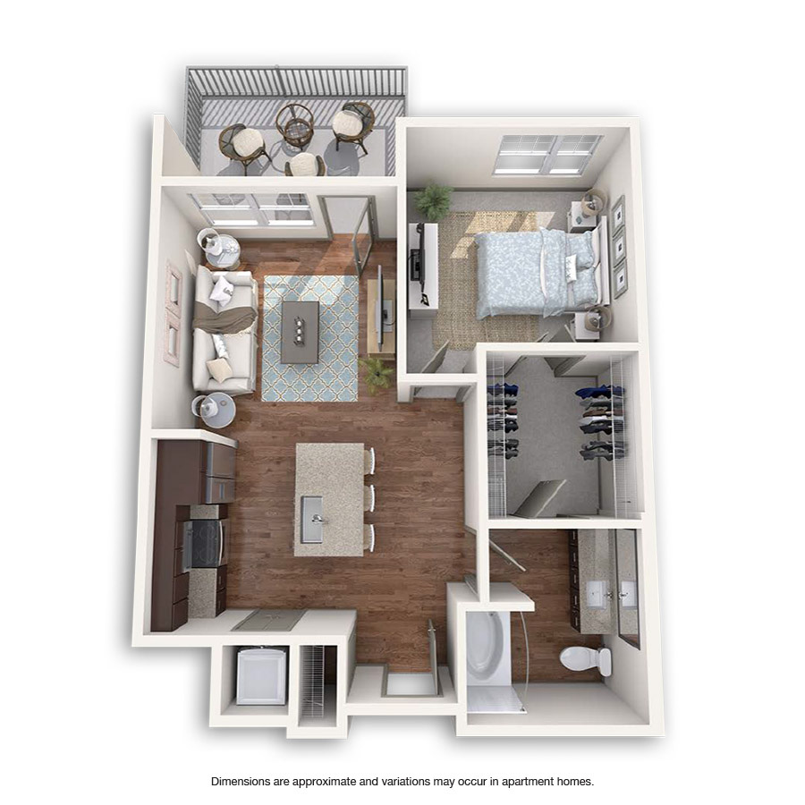 Rendering of the Fiddlers Green floor plan with 1 bedroom[s] and 1 bathroom[s] at Griffis at Fiddler's Green