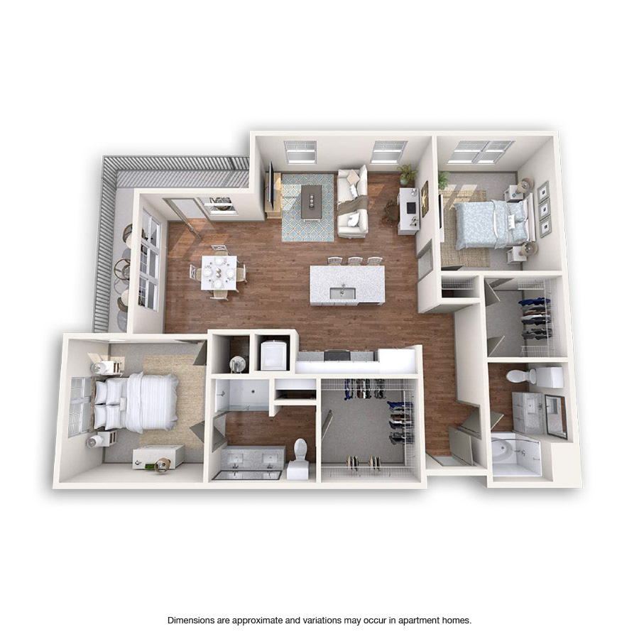 Rendering of the The Roxy floor plan with 2 bedroom[s] and 2 bathroom[s] at Griffis at Fiddler's Green