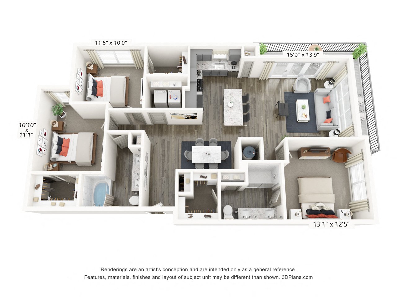 Rendering of the Warren floor plan with 3 bedroom[s] and 2 bathroom[s] at Griffis Frisco