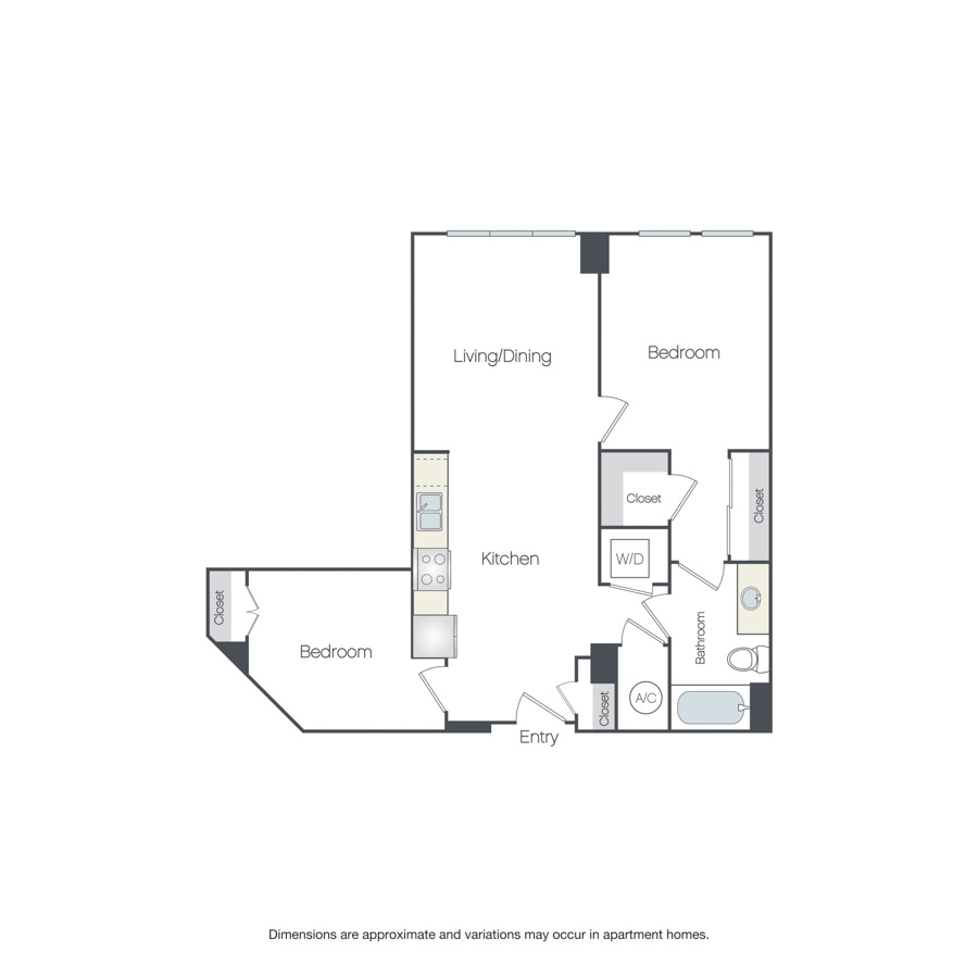 Rendering of the Sleaford MP floor plan with 2 bedroom[s] and 1 bathroom[s] at Griffis Edgemoor