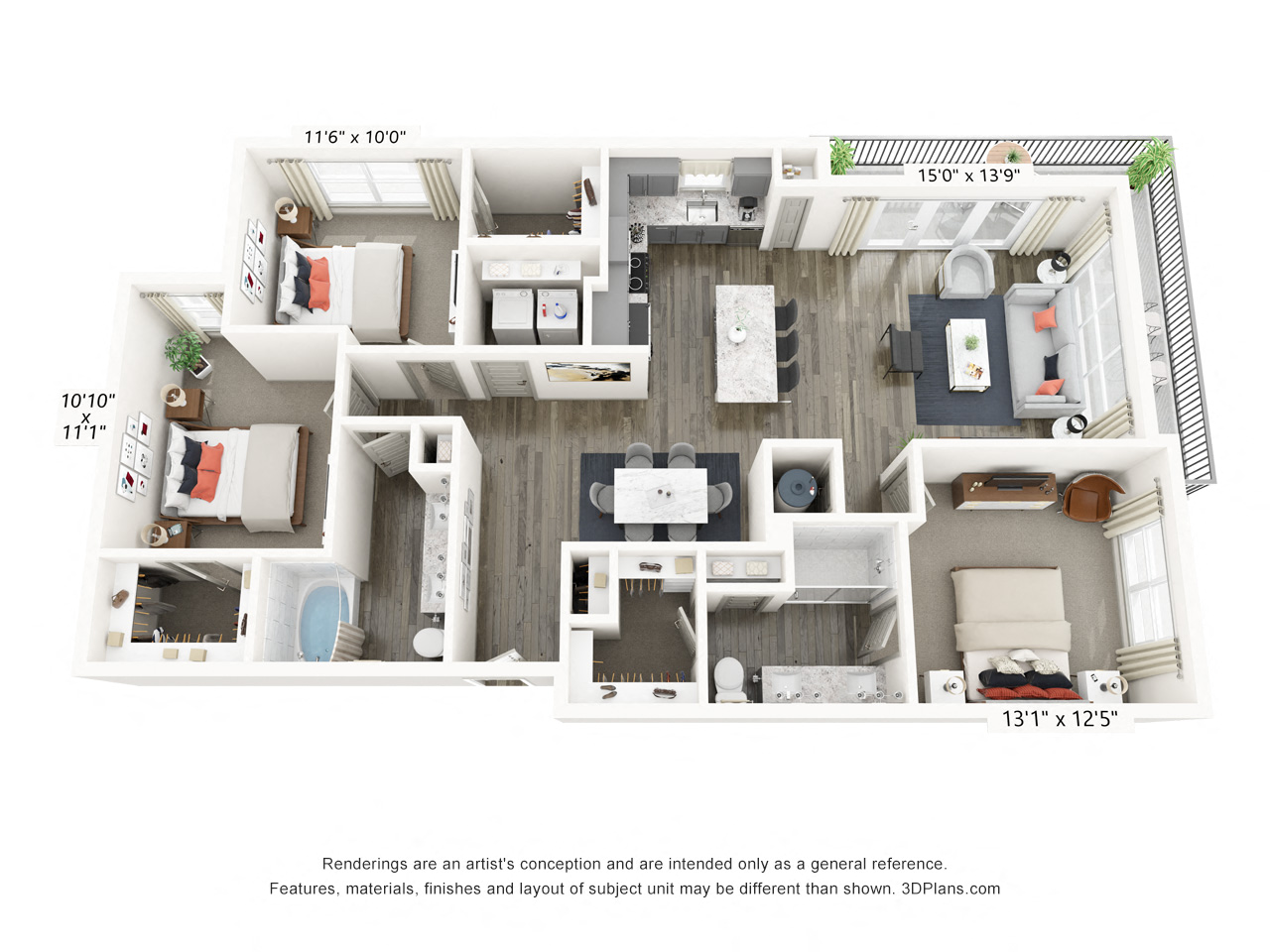 Rendering of the C1 floor plan with 3 bedroom[s] and 2 bathroom[s] at Griffis Frisco