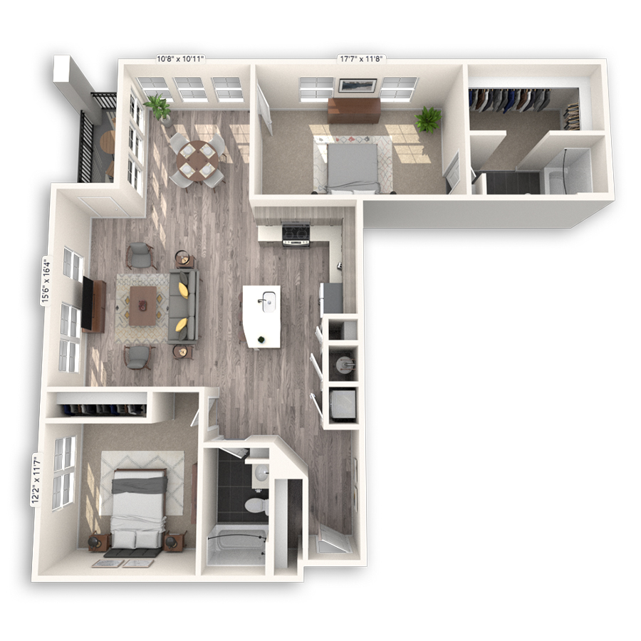 Rendering of the Sloan floor plan with 2 bedroom[s] and 2 bathroom[s] at Griffis Cheesman Park