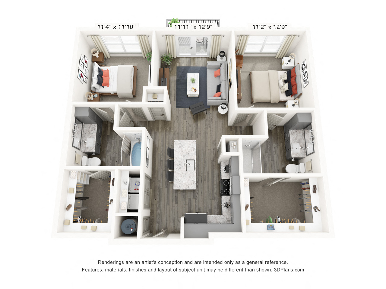 Rendering of the B1 floor plan with 2 bedroom[s] and 2 bathroom[s] at Griffis Frisco