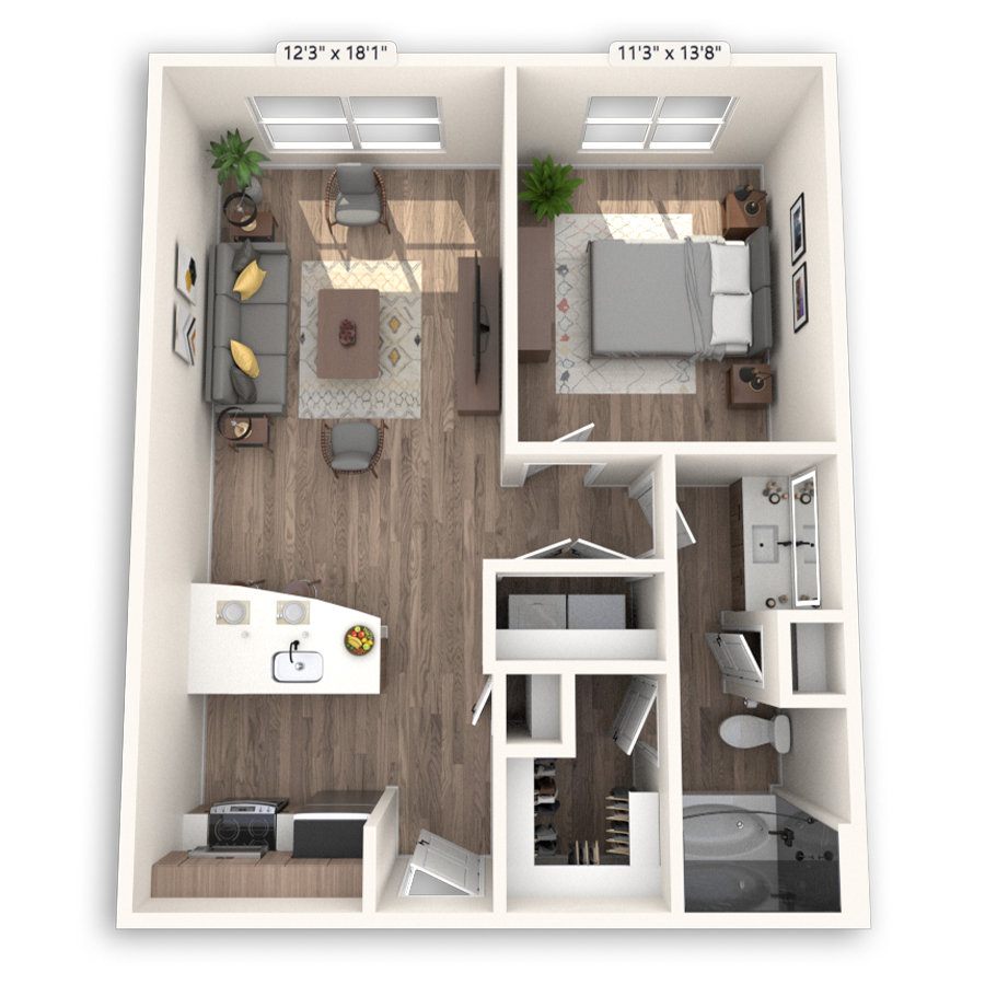 Rendering of the Rome Platinum floor plan with 1 bedroom[s] and 1 bathroom[s] at Griffis at The Domain