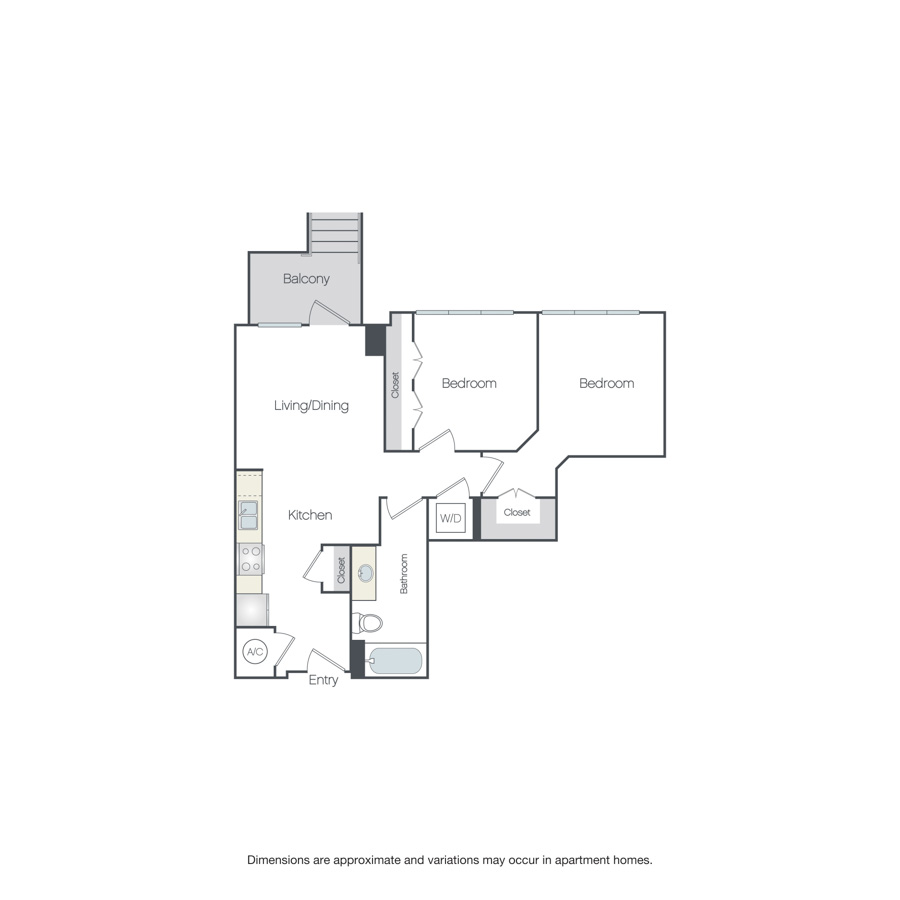 Rendering of the Ridge MP floor plan with 2 bedroom[s] and 1 bathroom[s] at Griffis Edgemoor