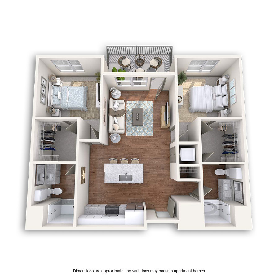 Rendering of the Red Rocks floor plan with 2 bedroom[s] and 2 bathroom[s] at Griffis at Fiddler's Green