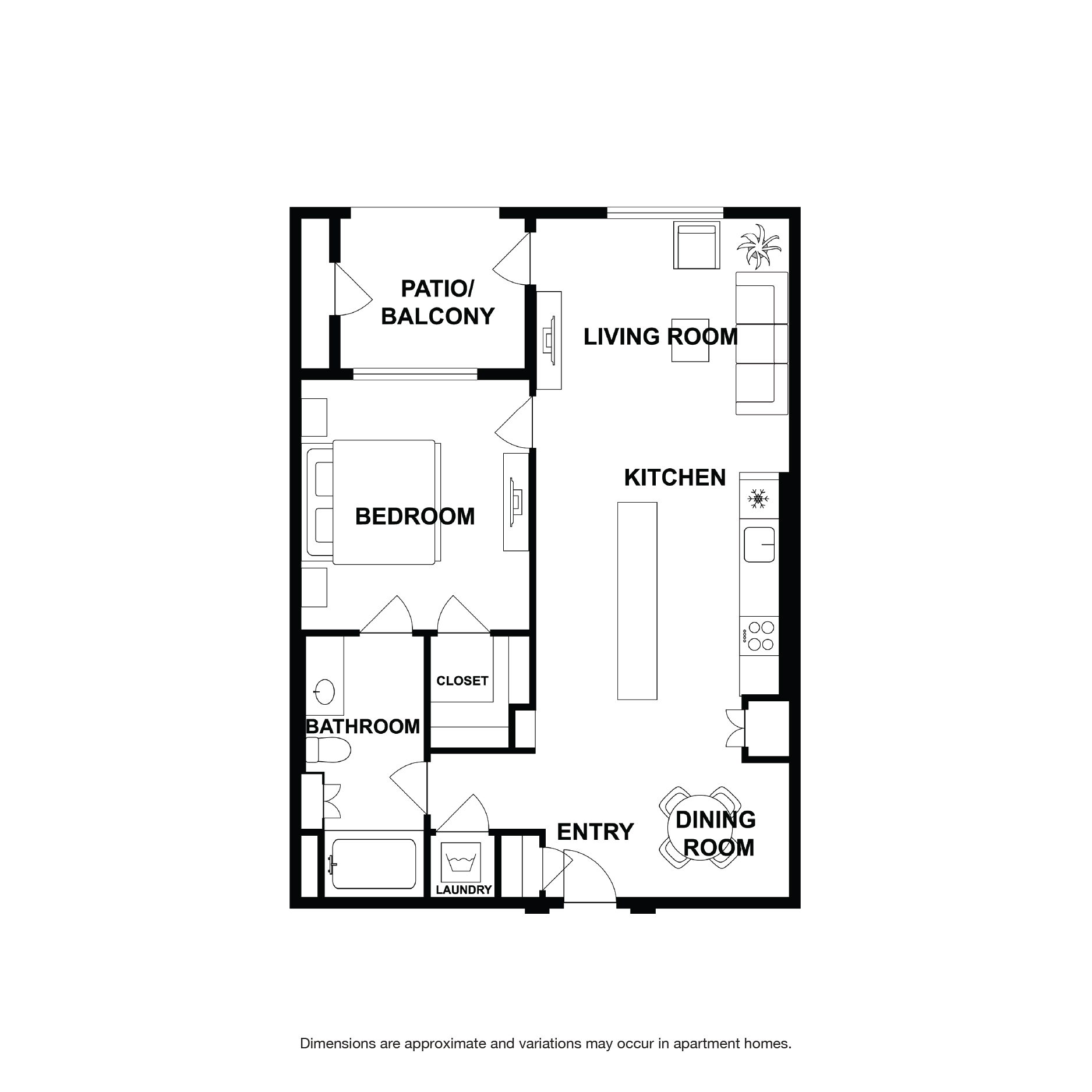 Rendering of the Jacaranda floor plan with 1 bedroom[s] and 1 bathroom[s] at Griffis Platinum Triangle