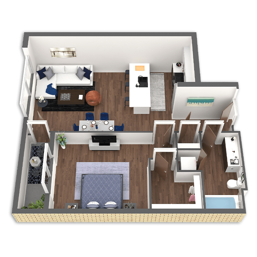 Rendering of the Blue floor plan with 1 bedroom[s] and 1 bathroom[s] at Griffis South Waterfront