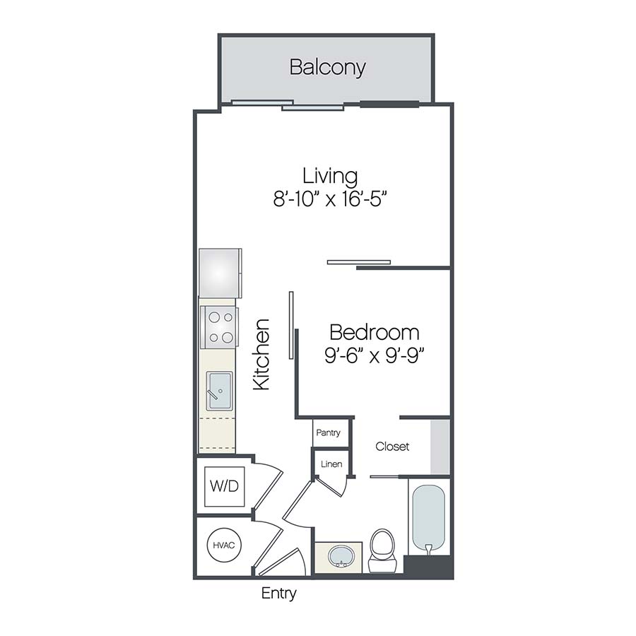Rendering of the Hallandale floor plan with a Studio bedroom and 1 bathroom[s] at Griffis West Palm