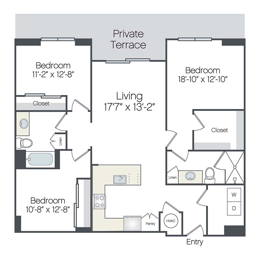Rendering of the Stuart floor plan with 3 bedroom[s] and 2 bathroom[s] at Griffis West Palm