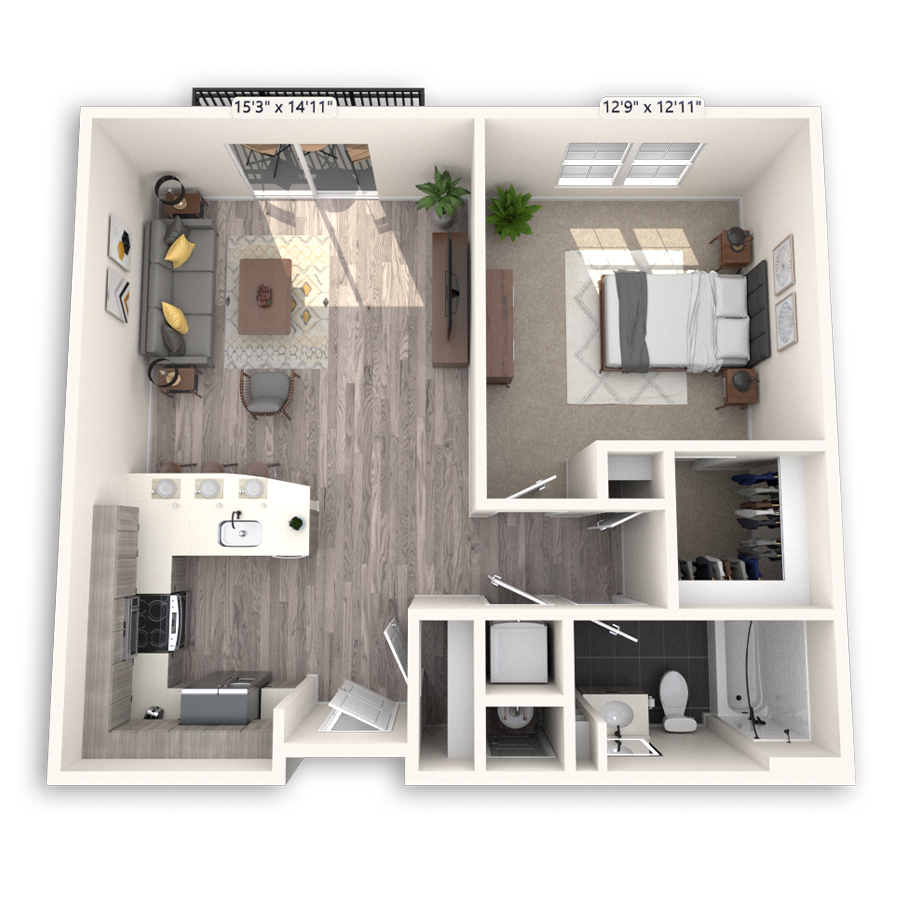 Rendering of the Commons Platinum floor plan with 1 bedroom[s] and 1 bathroom[s] at Griffis Cheesman Park