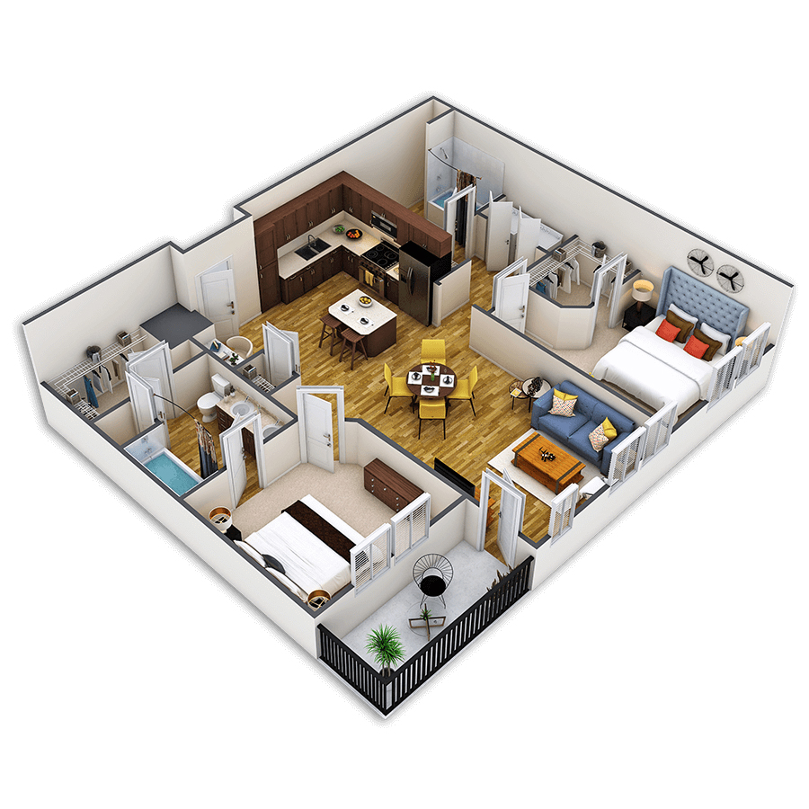 Rendering of the Inca floor plan with 2 bedroom[s] and 2 bathroom[s] at Griffis Union Station