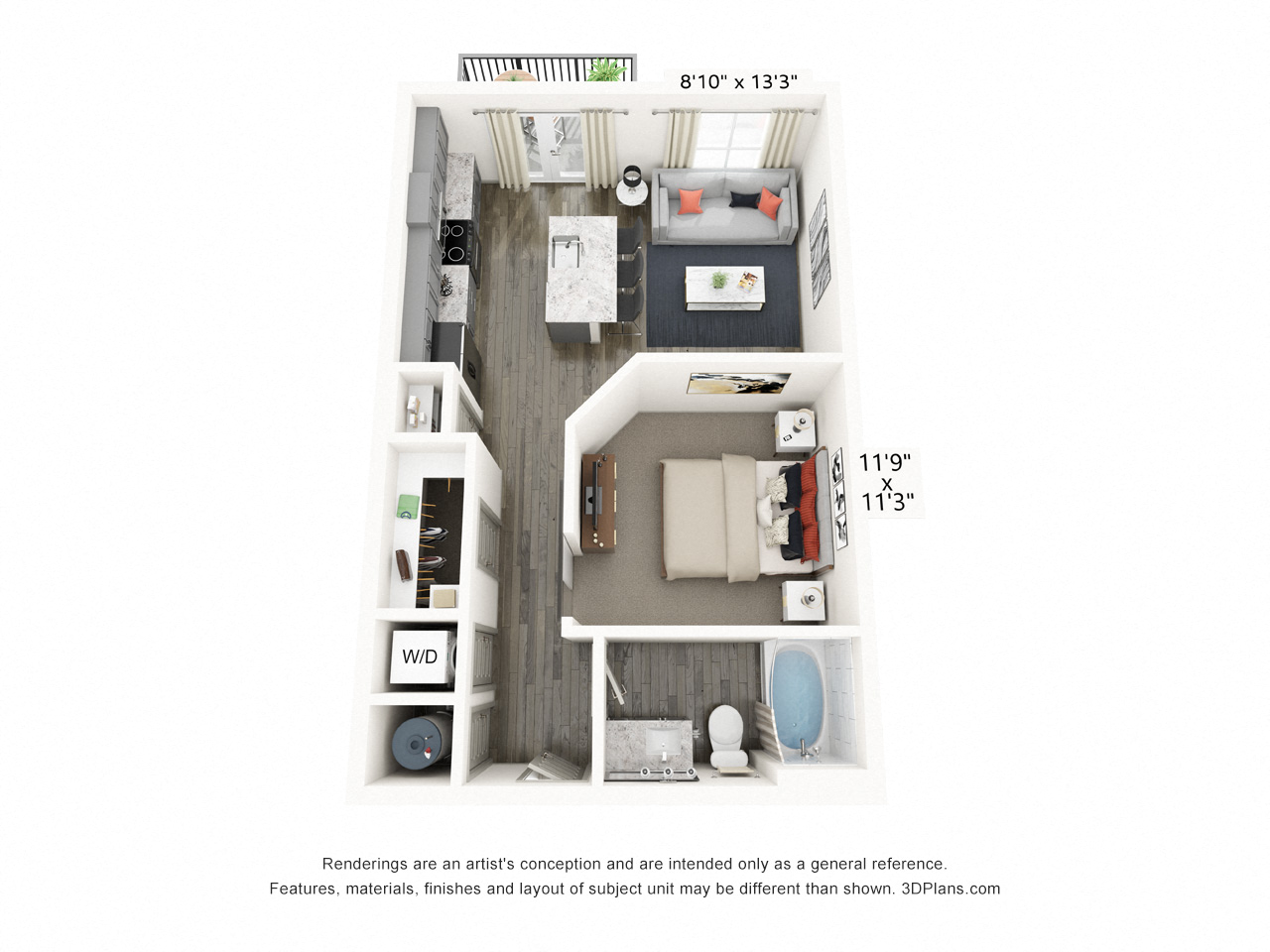 Rendering of the Colt floor plan with a Studio bedroom and 1 bathroom[s] at Griffis Frisco