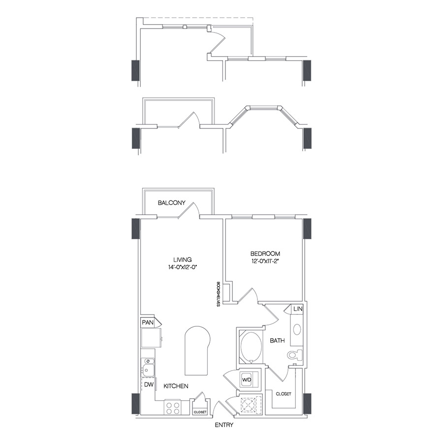 Rendering of the Elm floor plan with 1 bedroom[s] and 1 bathroom[s] at Griffis Uptown
