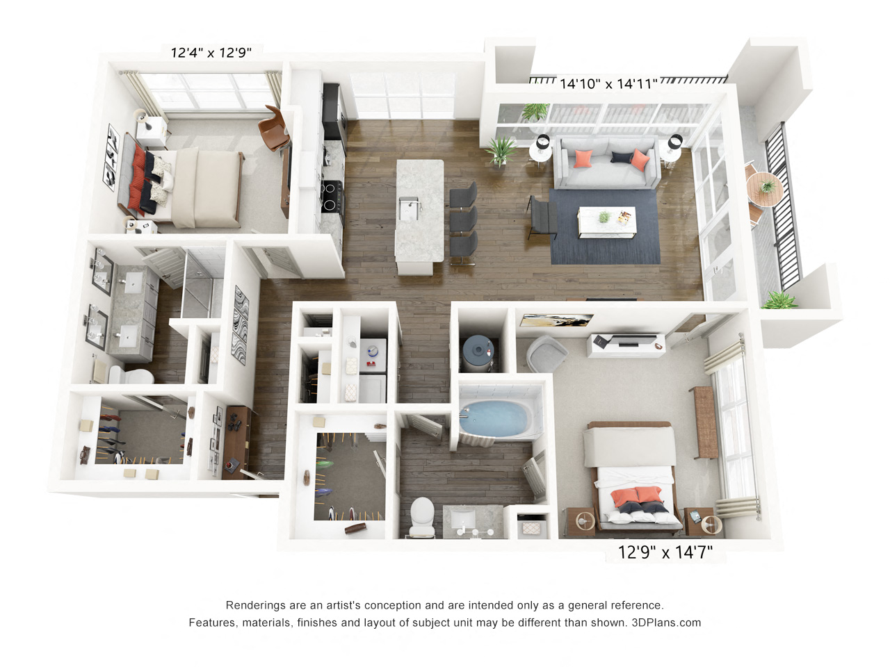 Rendering of the B4 LL floor plan with 2 bedroom[s] and 2 bathroom[s] at Griffis Frisco