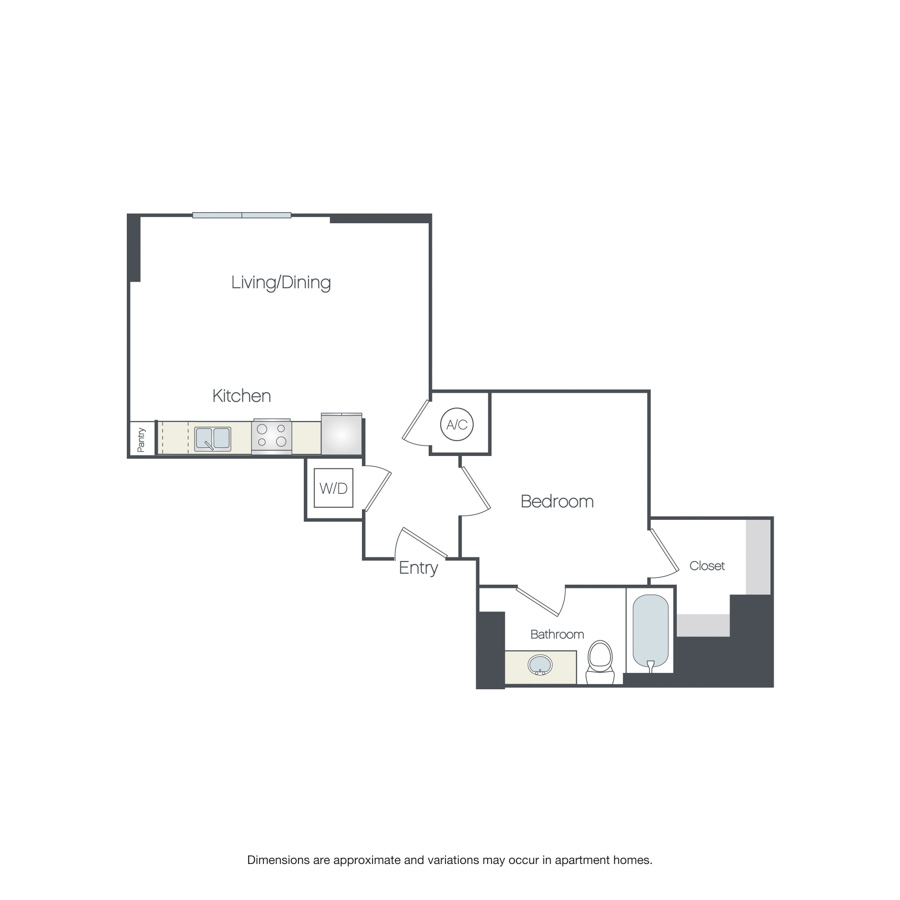 Rendering of the Elm MP floor plan with 1 bedroom[s] and 1 bathroom[s] at Griffis Edgemoor