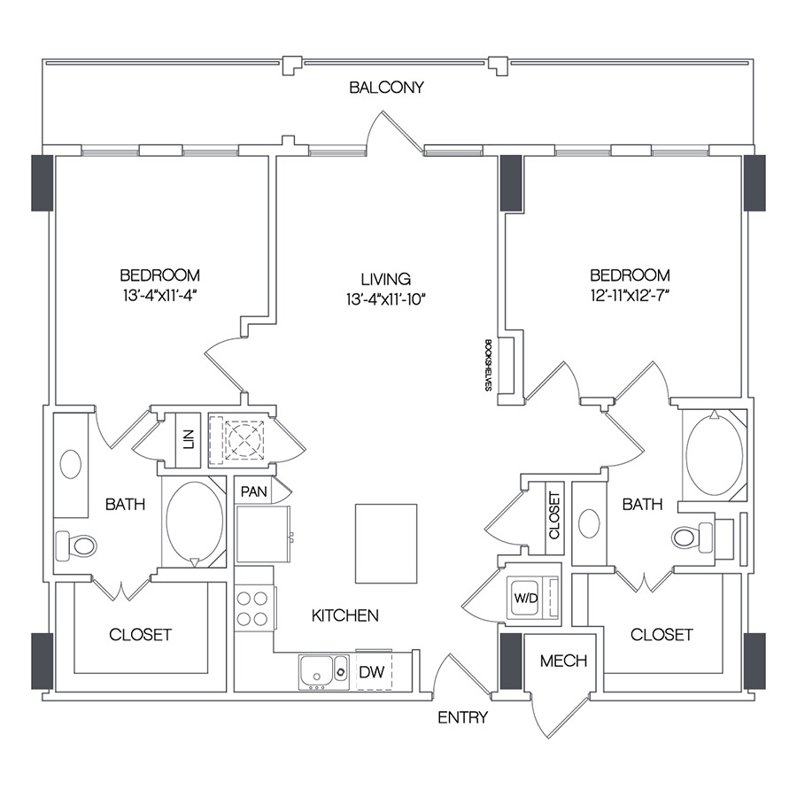 Rendering of the Katy floor plan with 2 bedroom[s] and 2 bathroom[s] at Griffis Uptown